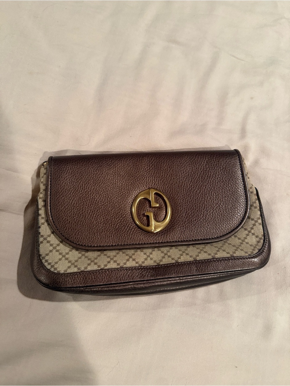 Gucci Brown & Beige Monogram Flap Clutch with Gold Logo